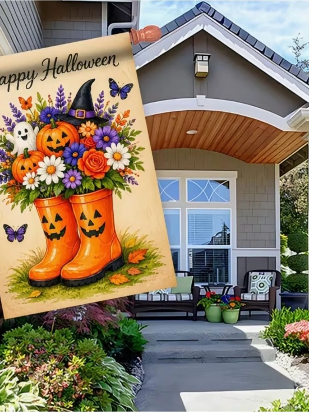 Happy Halloween Orange Jack-o'-Lantern Boot Garden Flag Flowers Ghost Witch Hat